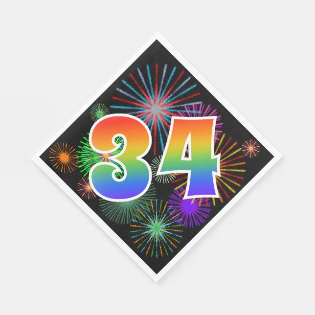 Colourful Fireworks + Rainbow Pattern "34" Event # Napkin (Corner)