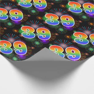 Colourful Fireworks + Rainbow Pattern "39" Event # Wrapping Paper