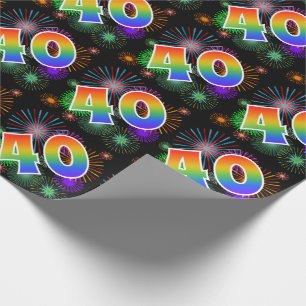 Colourful Fireworks + Rainbow Pattern "40" Event # Wrapping Paper