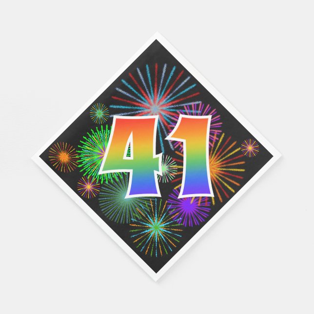 Colourful Fireworks + Rainbow Pattern "41" Event # Napkin (Corner)