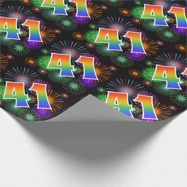 Colourful Fireworks + Rainbow Pattern "41" Event # Wrapping Paper (Corner)