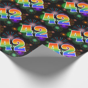 Colourful Fireworks + Rainbow Pattern "42" Event # Wrapping Paper