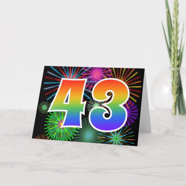 Colourful Fireworks + Rainbow Pattern "43" Event # Card (Front)