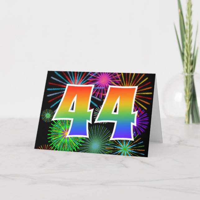 Colourful Fireworks + Rainbow Pattern "44" Event # Card (Front)