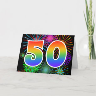 Colourful Fireworks + Rainbow Pattern "50" Event # Card