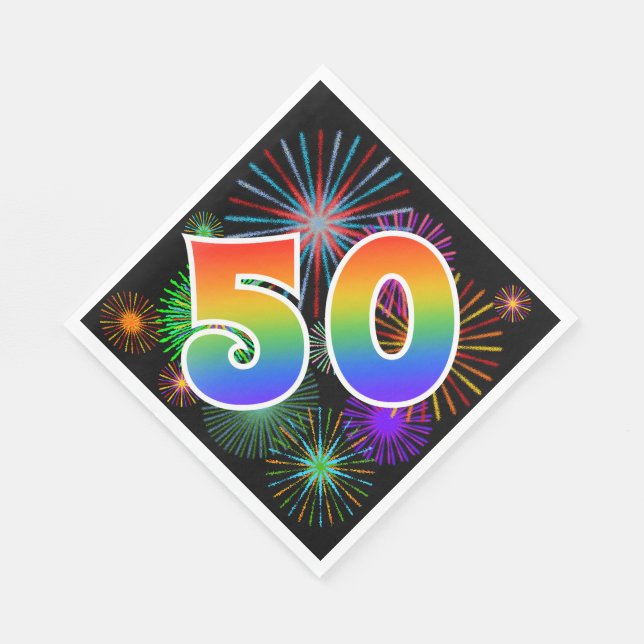 Colourful Fireworks + Rainbow Pattern "50" Event # Napkin (Corner)