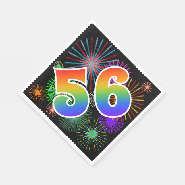 Colourful Fireworks + Rainbow Pattern "56" Event # Napkin (Corner)