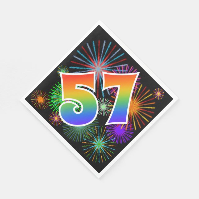Colourful Fireworks + Rainbow Pattern "57" Event # Napkin (Corner)