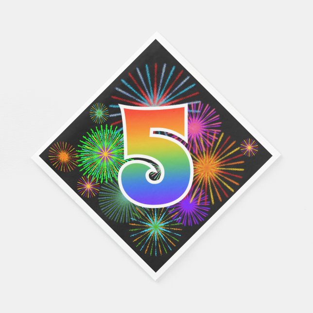 Colourful Fireworks + Rainbow Pattern "5" Event # Napkin (Corner)