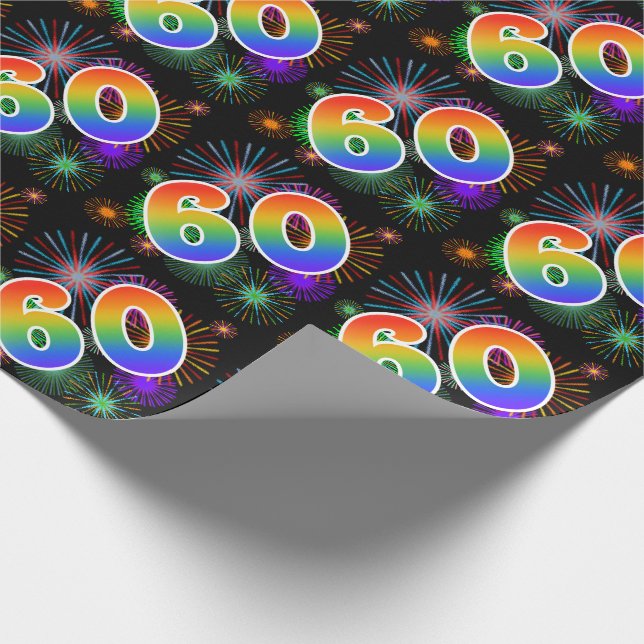 Colourful Fireworks + Rainbow Pattern "60" Event # Wrapping Paper (Corner)