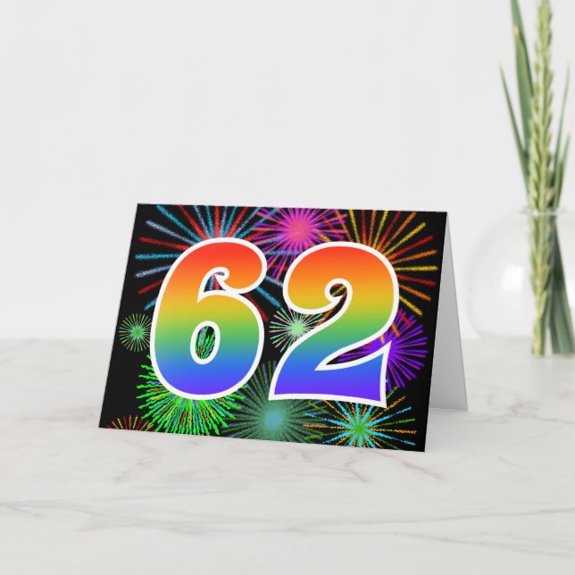 Colourful Fireworks + Rainbow Pattern "62" Event # Card (Front)