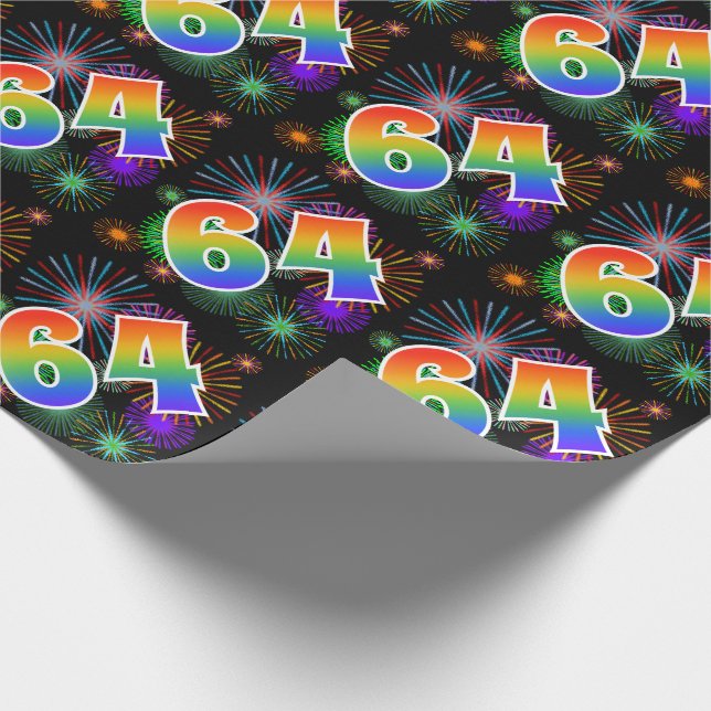 Colourful Fireworks + Rainbow Pattern "64" Event # Wrapping Paper (Corner)