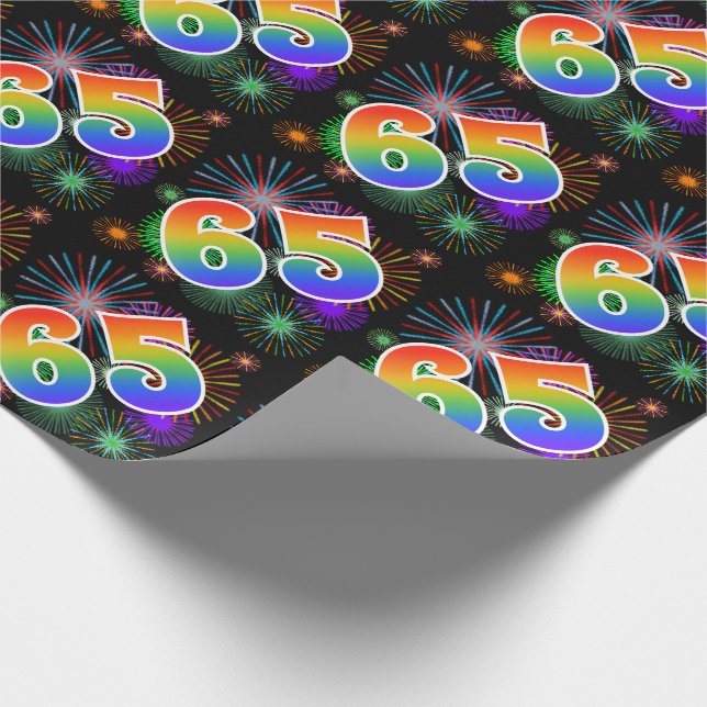 Colourful Fireworks + Rainbow Pattern "65" Event # Wrapping Paper (Corner)