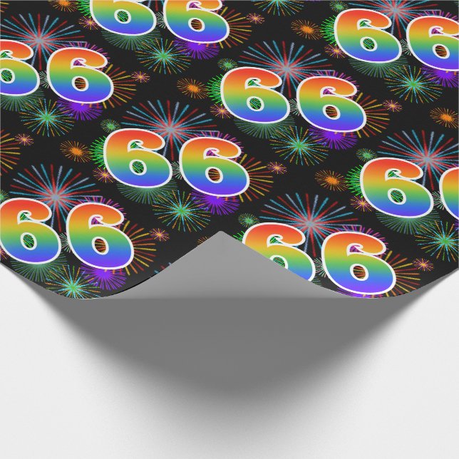 Colourful Fireworks + Rainbow Pattern "66" Event # Wrapping Paper (Corner)