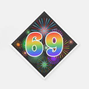 Colourful Fireworks + Rainbow Pattern "69" Event # Napkin