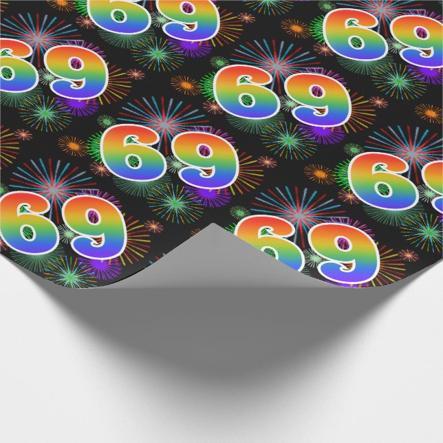 Colourful Fireworks + Rainbow Pattern "69" Event # Wrapping Paper (Corner)