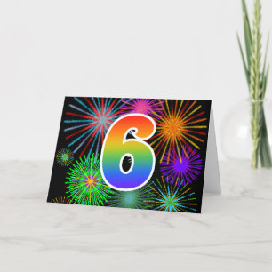 Colourful Fireworks + Rainbow Pattern "6" Event # Card