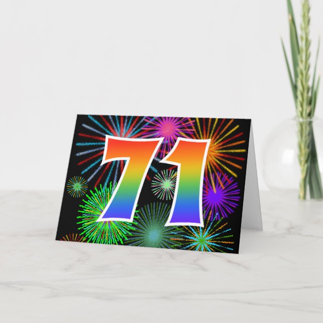 Colourful Fireworks + Rainbow Pattern "71" Event # Card (Front)