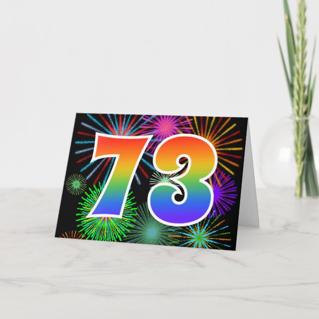 Colourful Fireworks + Rainbow Pattern "73" Event # Card (Front)