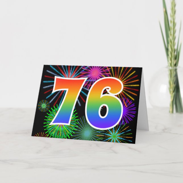 Colourful Fireworks + Rainbow Pattern "76" Event # Card (Front)