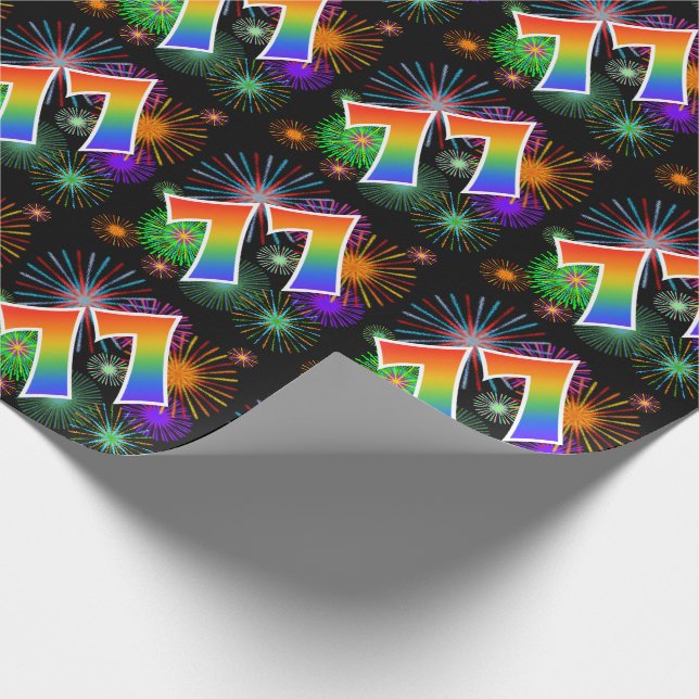 Colourful Fireworks + Rainbow Pattern "77" Event # Wrapping Paper (Corner)