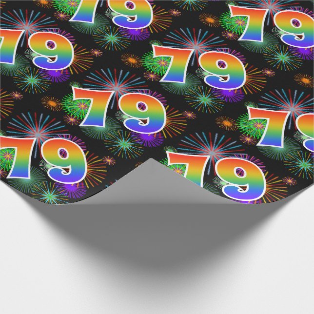 Colourful Fireworks + Rainbow Pattern "79" Event # Wrapping Paper (Corner)
