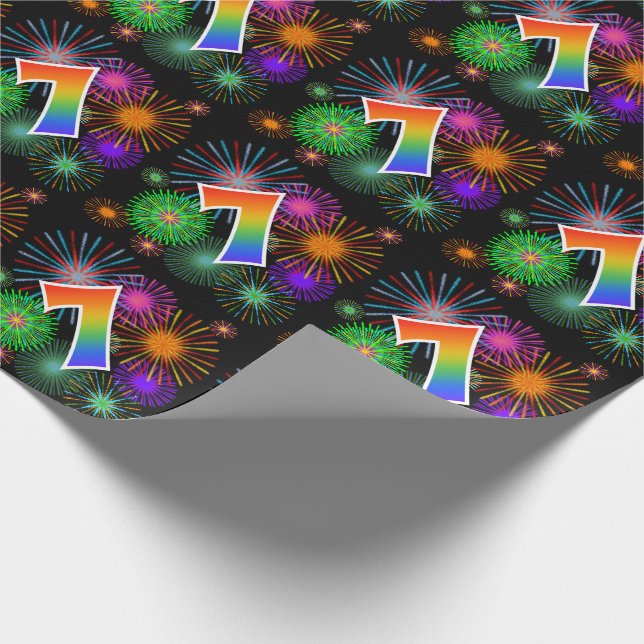 Colourful Fireworks + Rainbow Pattern "7" Event # Wrapping Paper (Corner)