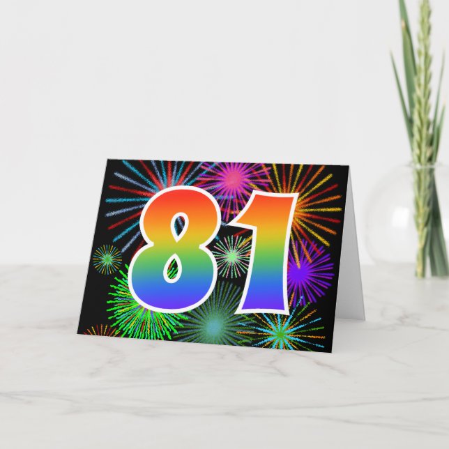 Colourful Fireworks + Rainbow Pattern "81" Event # Card (Front)