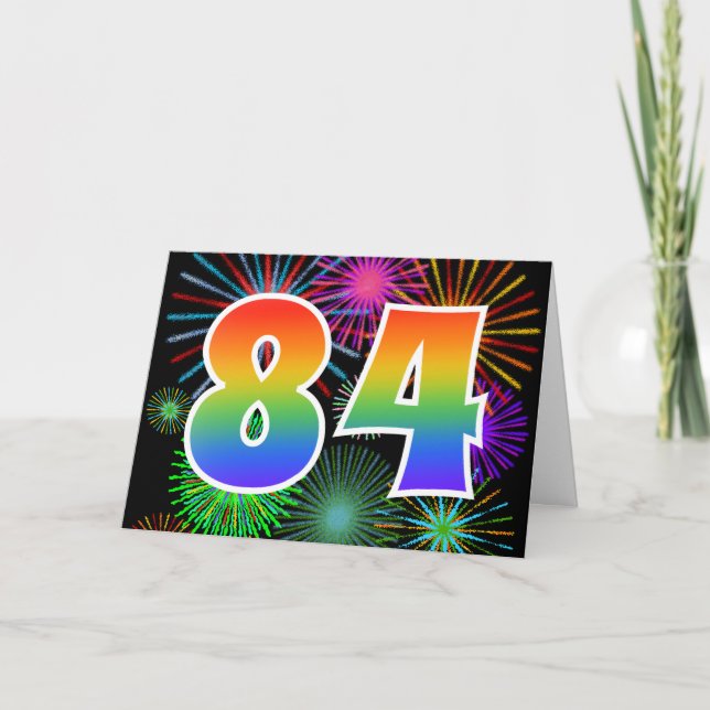 Colourful Fireworks + Rainbow Pattern "84" Event # Card (Front)