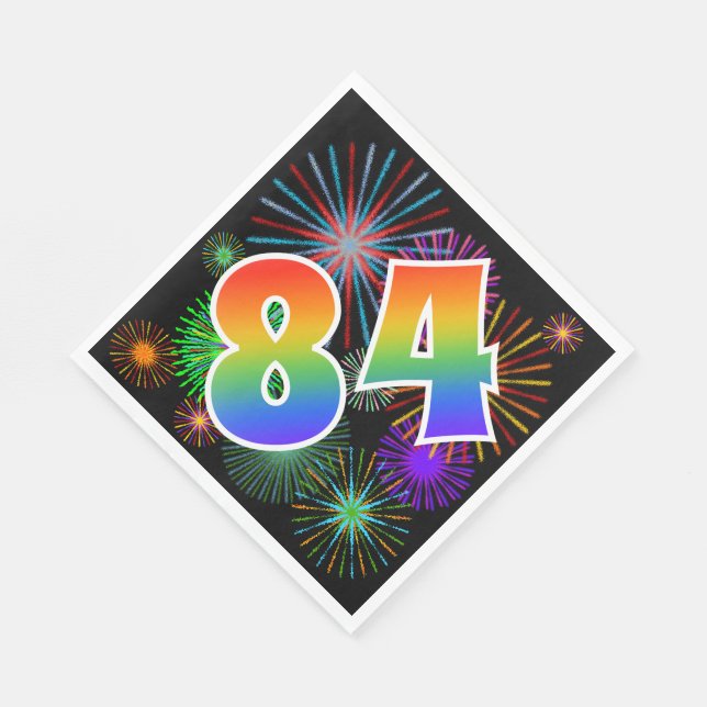 Colourful Fireworks + Rainbow Pattern "84" Event # Napkin (Corner)