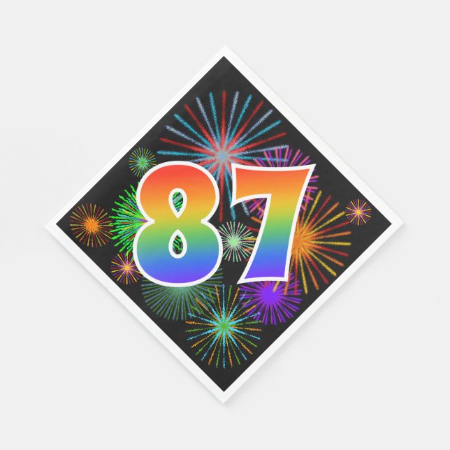 Colourful Fireworks + Rainbow Pattern "87" Event # Napkin (Corner)