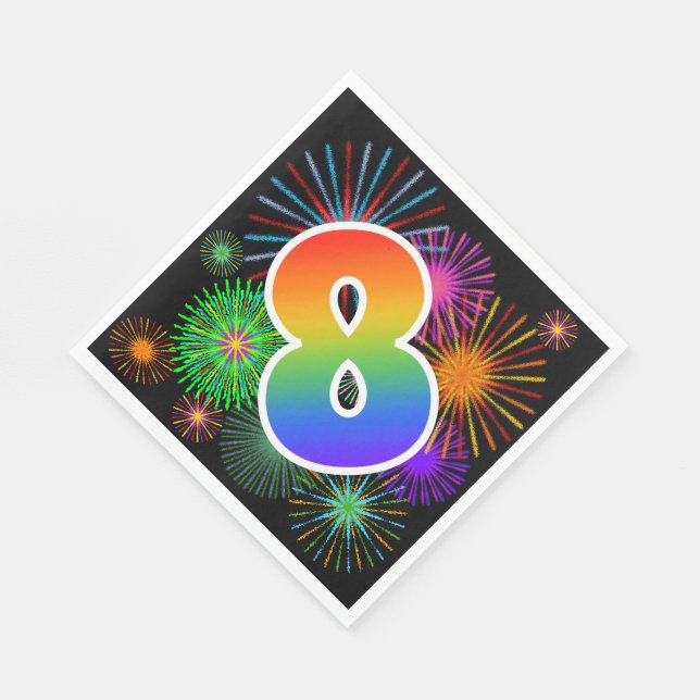 Colourful Fireworks + Rainbow Pattern "8" Event # Napkin (Corner)