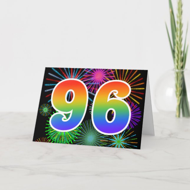 Colourful Fireworks + Rainbow Pattern "96" Event # Card (Front)
