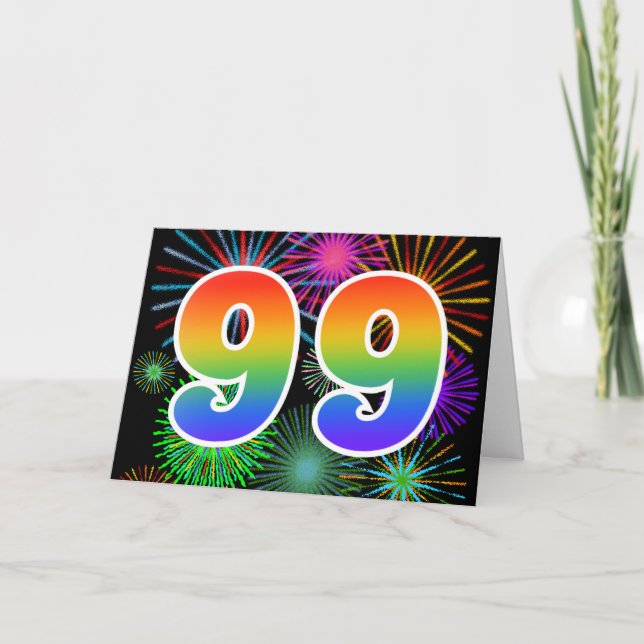 Colourful Fireworks + Rainbow Pattern "99" Event # Card (Front)