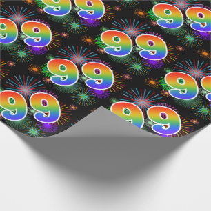 Colourful Fireworks + Rainbow Pattern "99" Event # Wrapping Paper