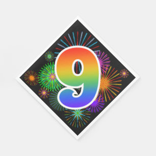 Colourful Fireworks + Rainbow Pattern "9" Event # Napkin