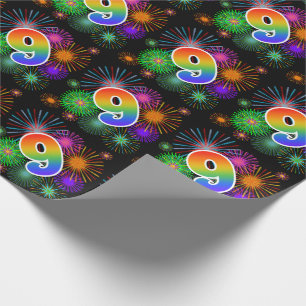 Colourful Fireworks + Rainbow Pattern "9" Event # Wrapping Paper