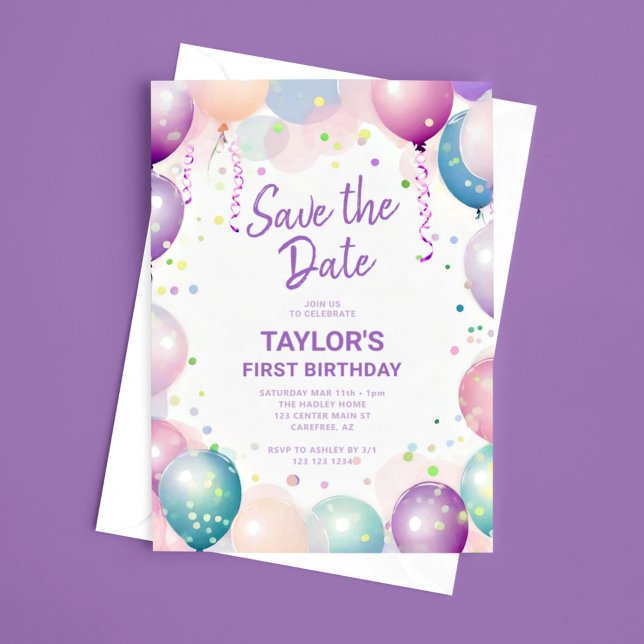 Colourful First Birthday Party Save The Date (Creator Uploaded)