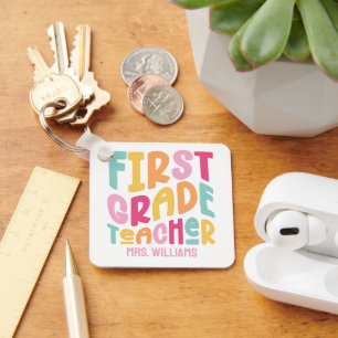 Colourful First Grade Teacher Retro Text Custom Key Ring
