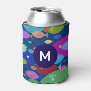 Colourful Fish Abstract Pattern Blue Monogram Can Cooler