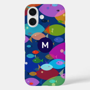 Colourful Fish Abstract Pattern Blue Monogram iPhone 16 Case