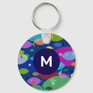 Colourful Fish Abstract Pattern Blue Monogram Key Ring