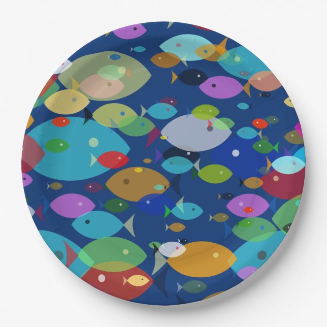 Colourful Fish Abstract Pattern Blue Paper Plate (Front)