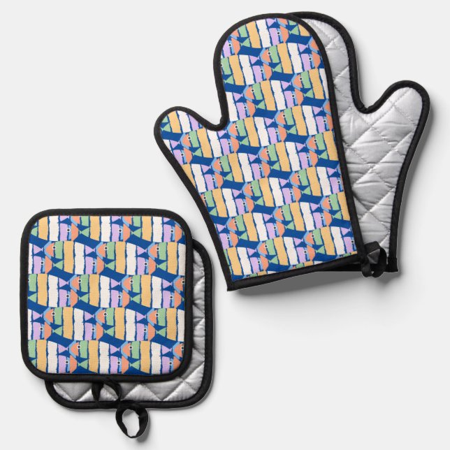 Colourful Fish Beach Design Oven Mitt & Pot Holder Set (Front/Back)