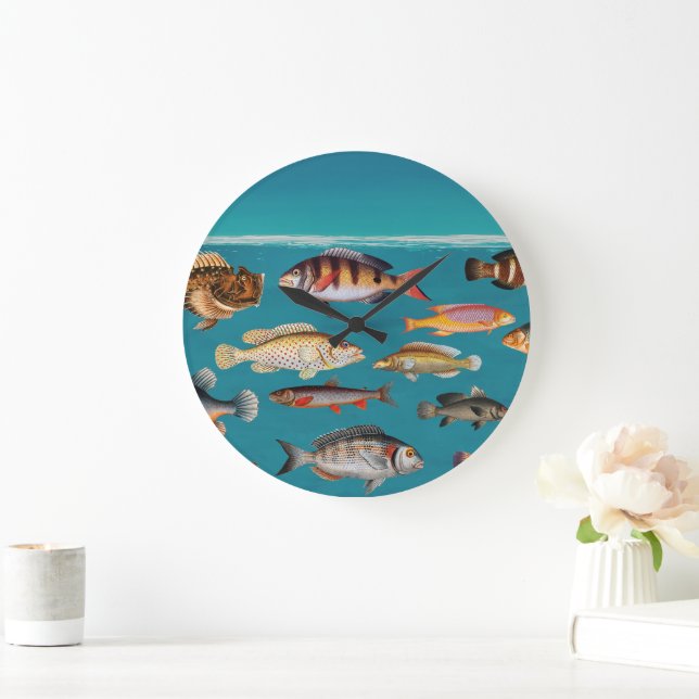 Colourful Fish Under Blue Ocean Water Large Clock (Home)