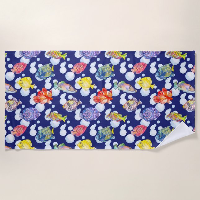 Colourful Fish White Bubbles Deep Blue Background Beach Towel (Front)