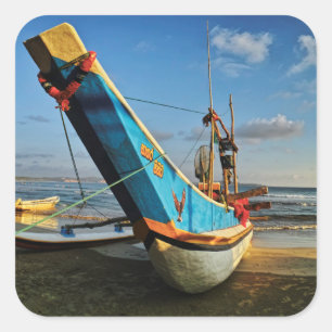 Colourful Fishing Boat By The Ocean Square Sticker