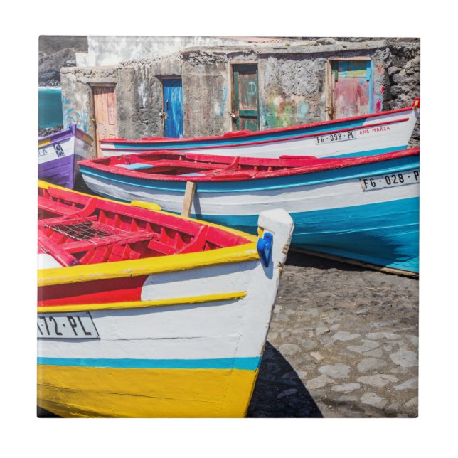 Colourful Fishing Boats, Cape Verde Ceramic Tile (Front)