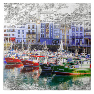 Colourful fishing boats in Luarca, Asturias, Spain Ceramic Tile
