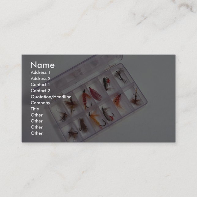 Colourful fishing hooks kept in fly box business card (Front)